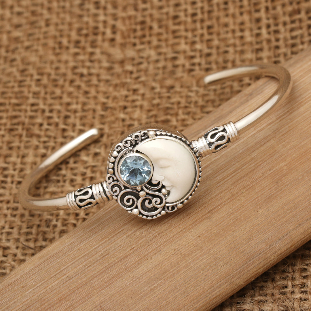 Two-Carat Faceted Blue Topaz Crescent Moon Cuff Bracelet - Sleeping Moon
