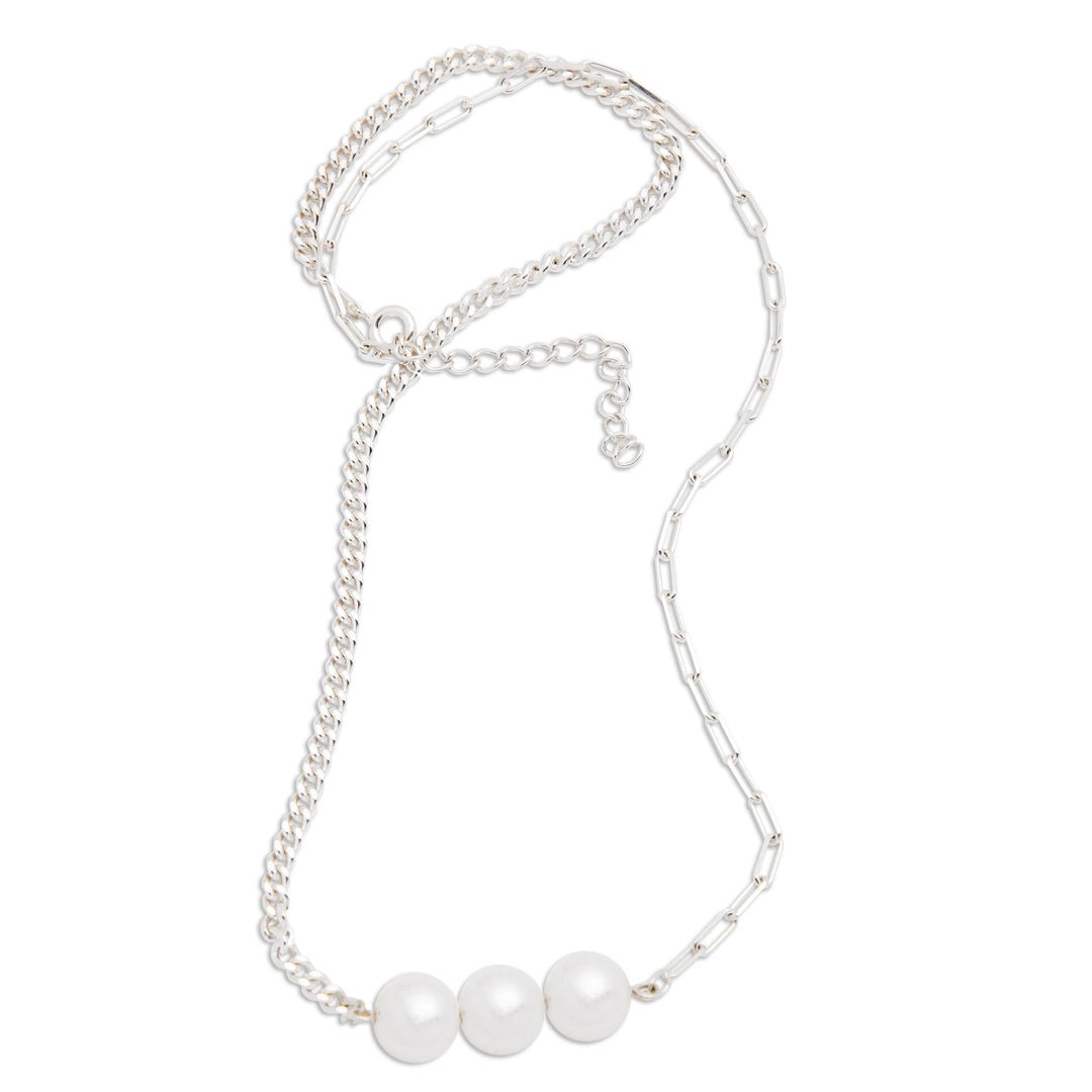 Polished Sterling Silver and Cultured Pearl Pendant Necklace - Triple Nobility