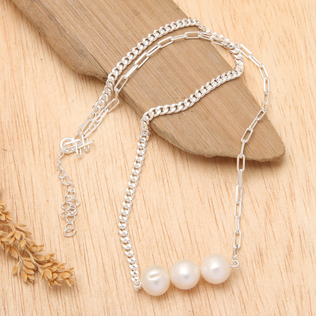 Polished Sterling Silver and Cultured Pearl Pendant Necklace - Triple Nobility