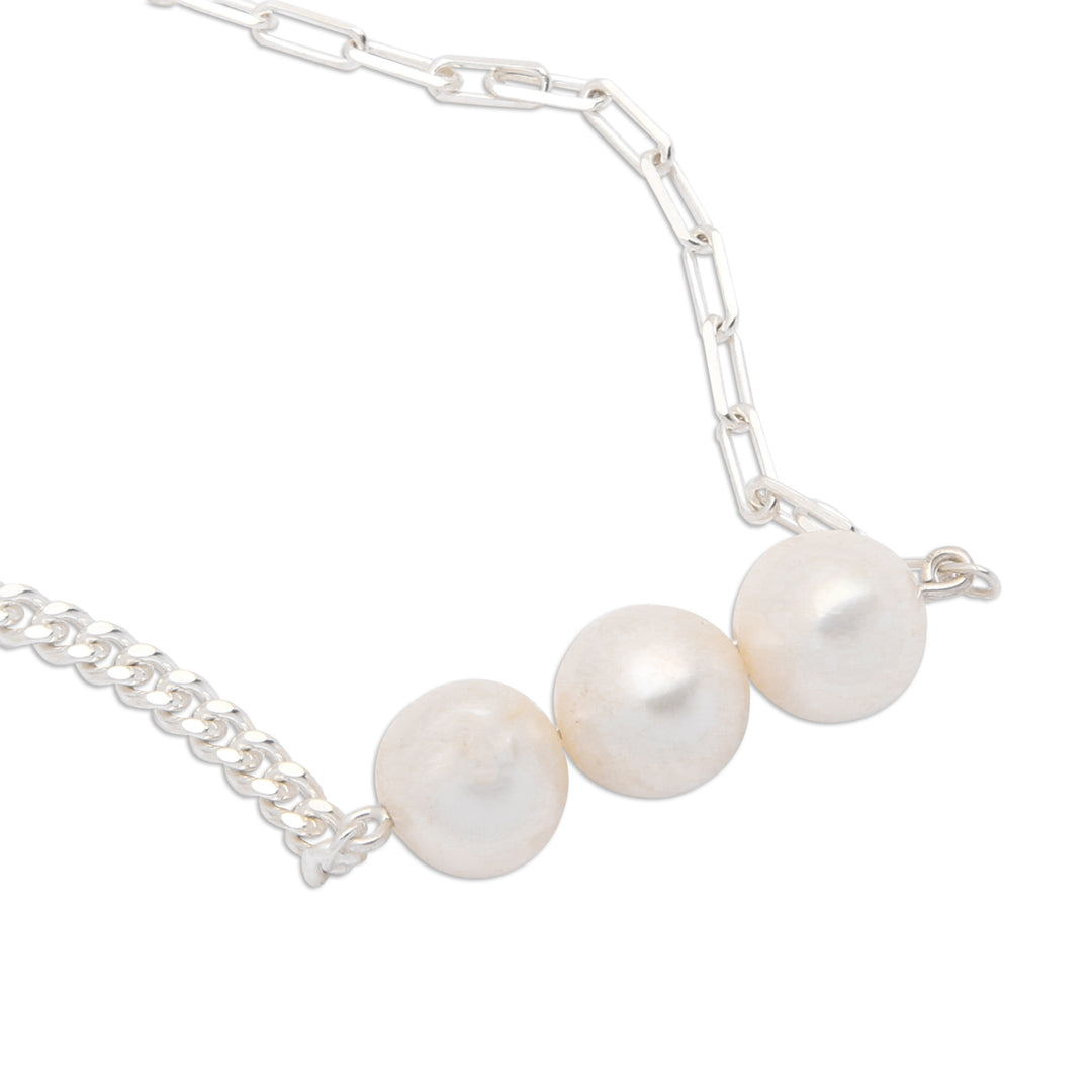 Polished Sterling Silver and Cultured Pearl Pendant Necklace - Triple Nobility