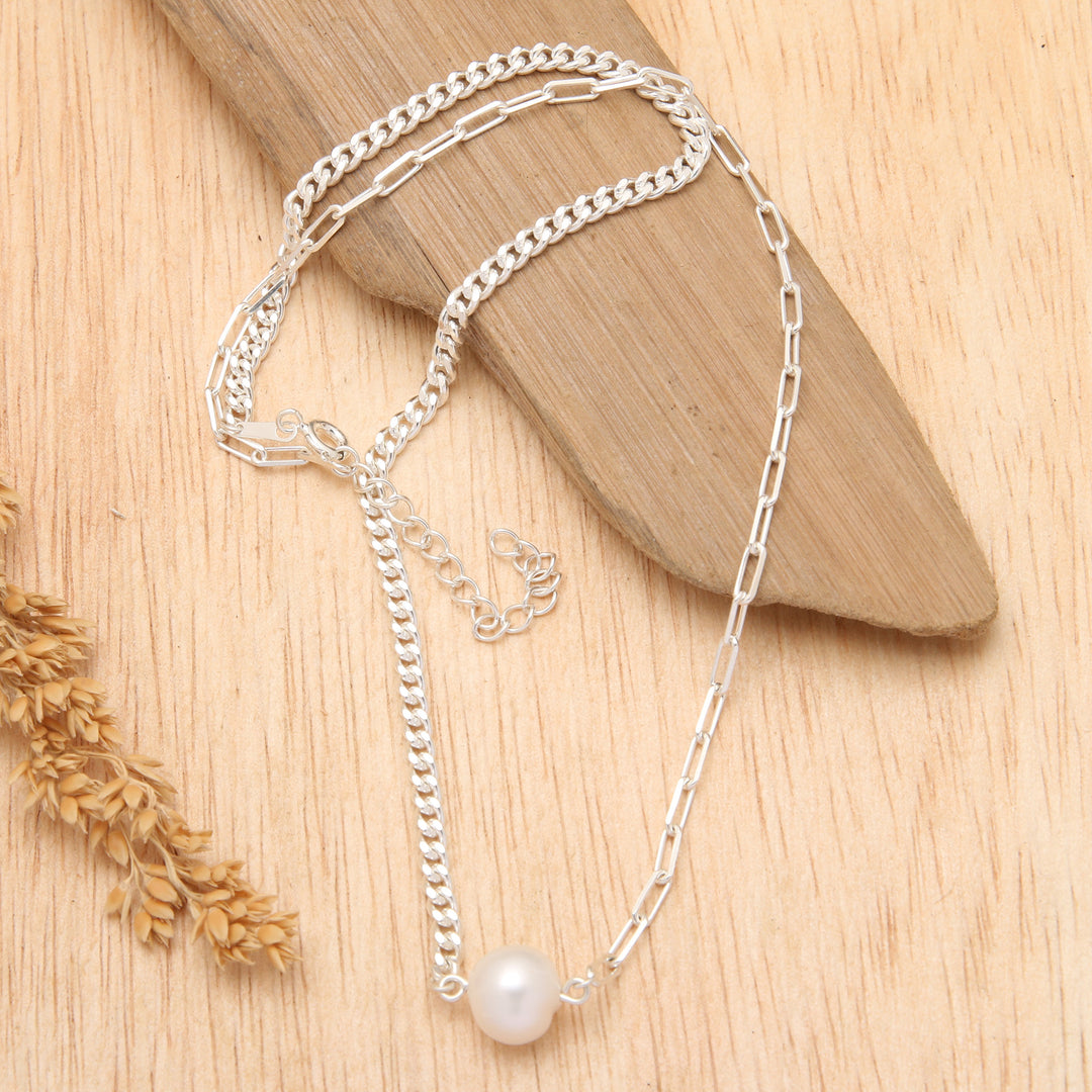 Sterling Silver and White Cultured Pearl Pendant Necklace - One Nobility