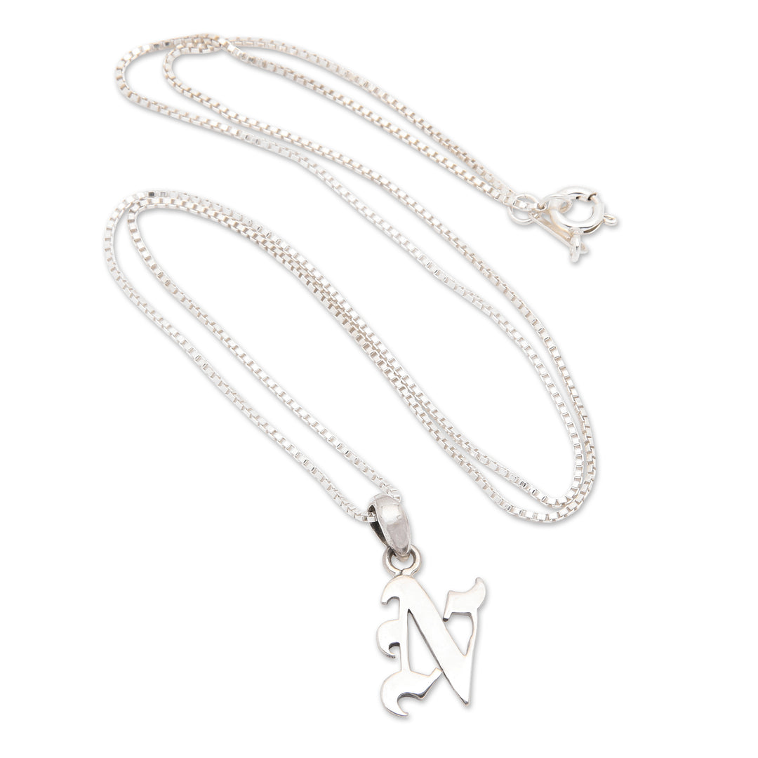 Polished Sterling Silver Letter N Pendant Necklace from Bali - Letter N