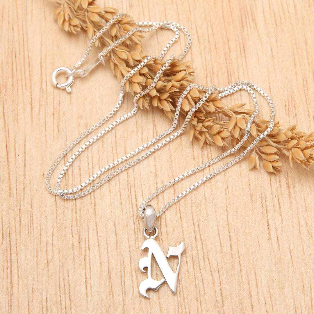 Polished Sterling Silver Letter N Pendant Necklace from Bali - Letter N