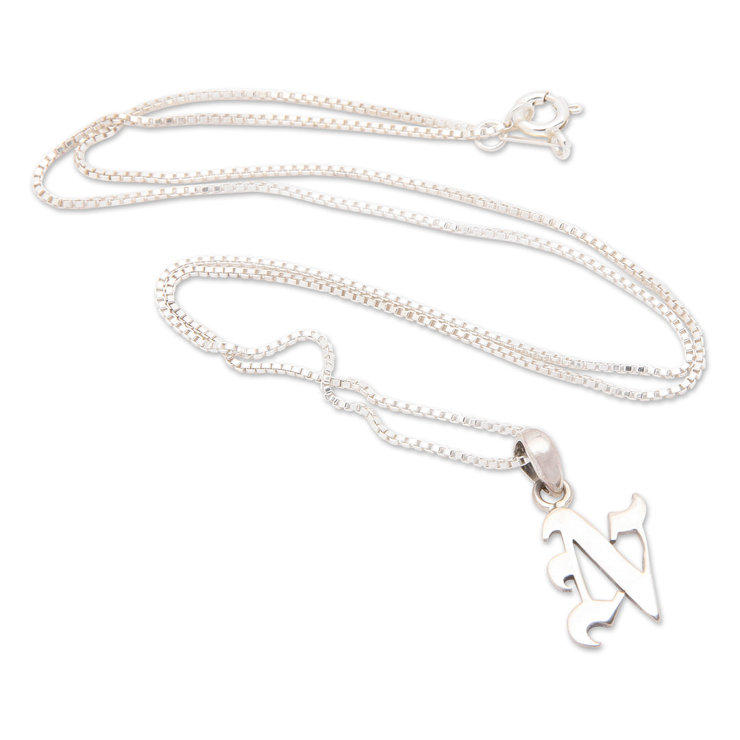 Polished Sterling Silver Letter N Pendant Necklace from Bali - Letter N
