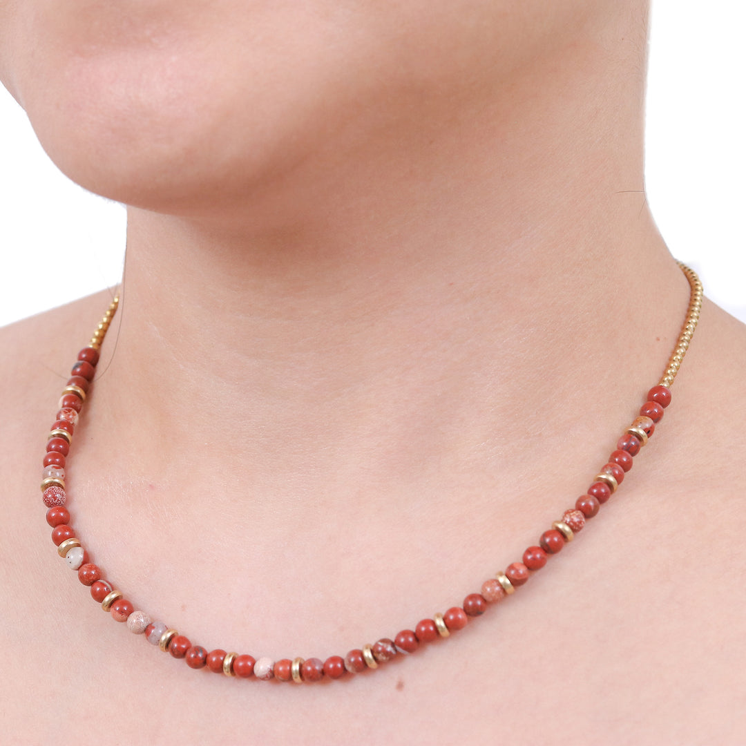 Handcrafted Jasper and Brass Beaded Necklace from Thailand - Strong Orbs