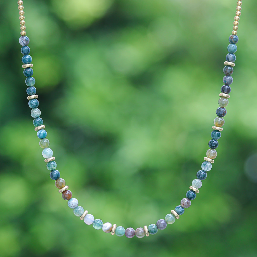Handcrafted Agate and Brass Beaded Necklace from Thailand - Balanced Orbs