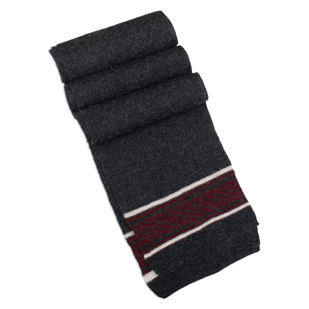 Knit Grey Red White 100% Baby Alpaca Scarf with Inca Motifs - Andean Life