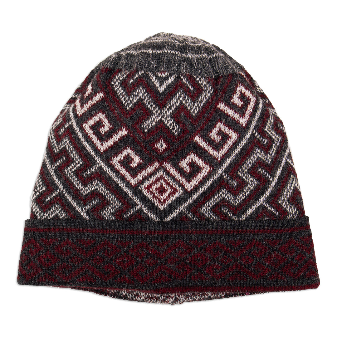 Knit Grey Red White 100% Baby Alpaca Hat with Inca Motifs - Andean Life