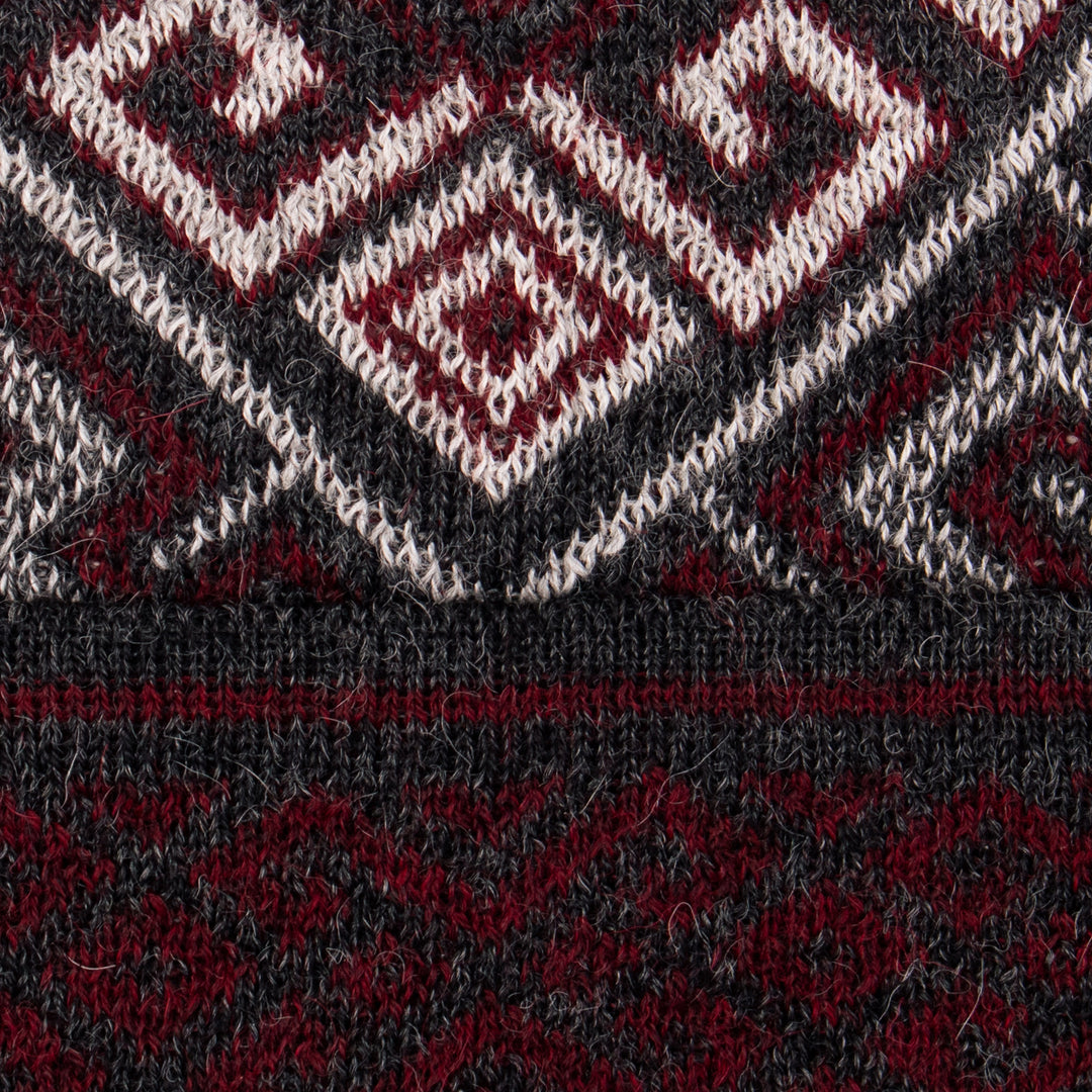Knit Grey Red White 100% Baby Alpaca Hat with Inca Motifs - Andean Life