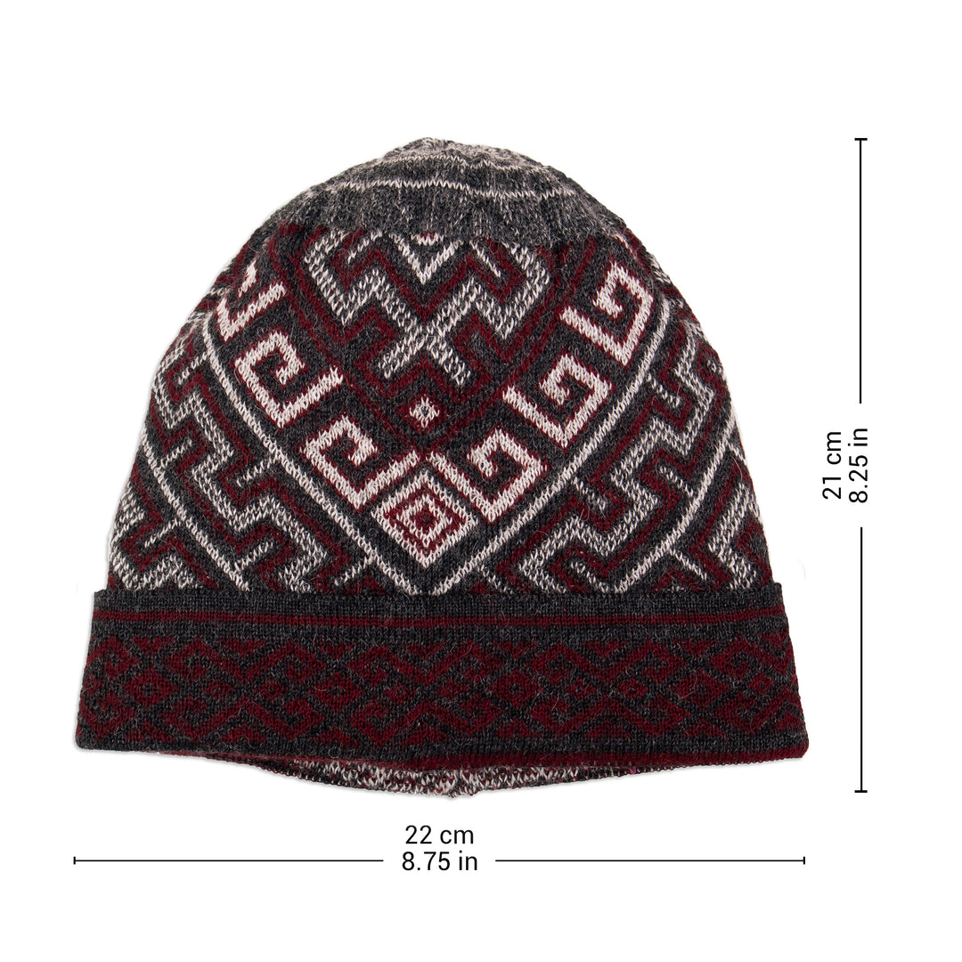 Knit Grey Red White 100% Baby Alpaca Hat with Inca Motifs - Andean Life