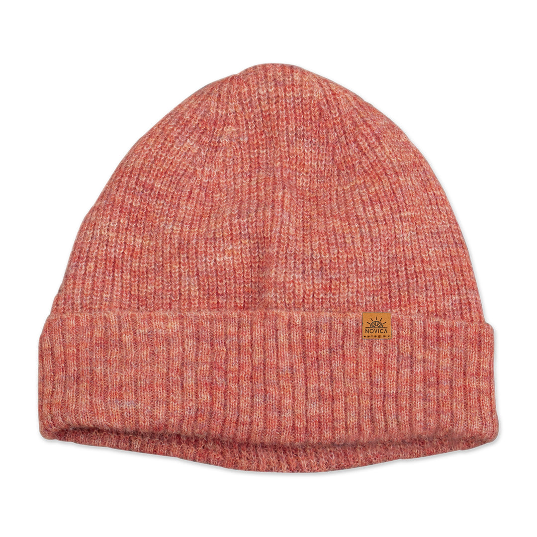 Knit Ribbed Baby Alpaca and Wool Blend Beanie Hat in Coral - Coral Chic