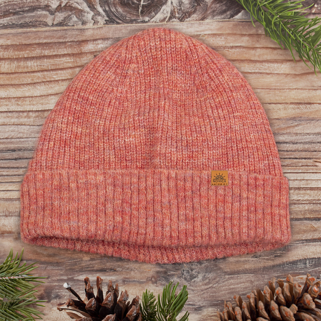 Knit Ribbed Baby Alpaca and Wool Blend Beanie Hat in Coral - Coral Chic