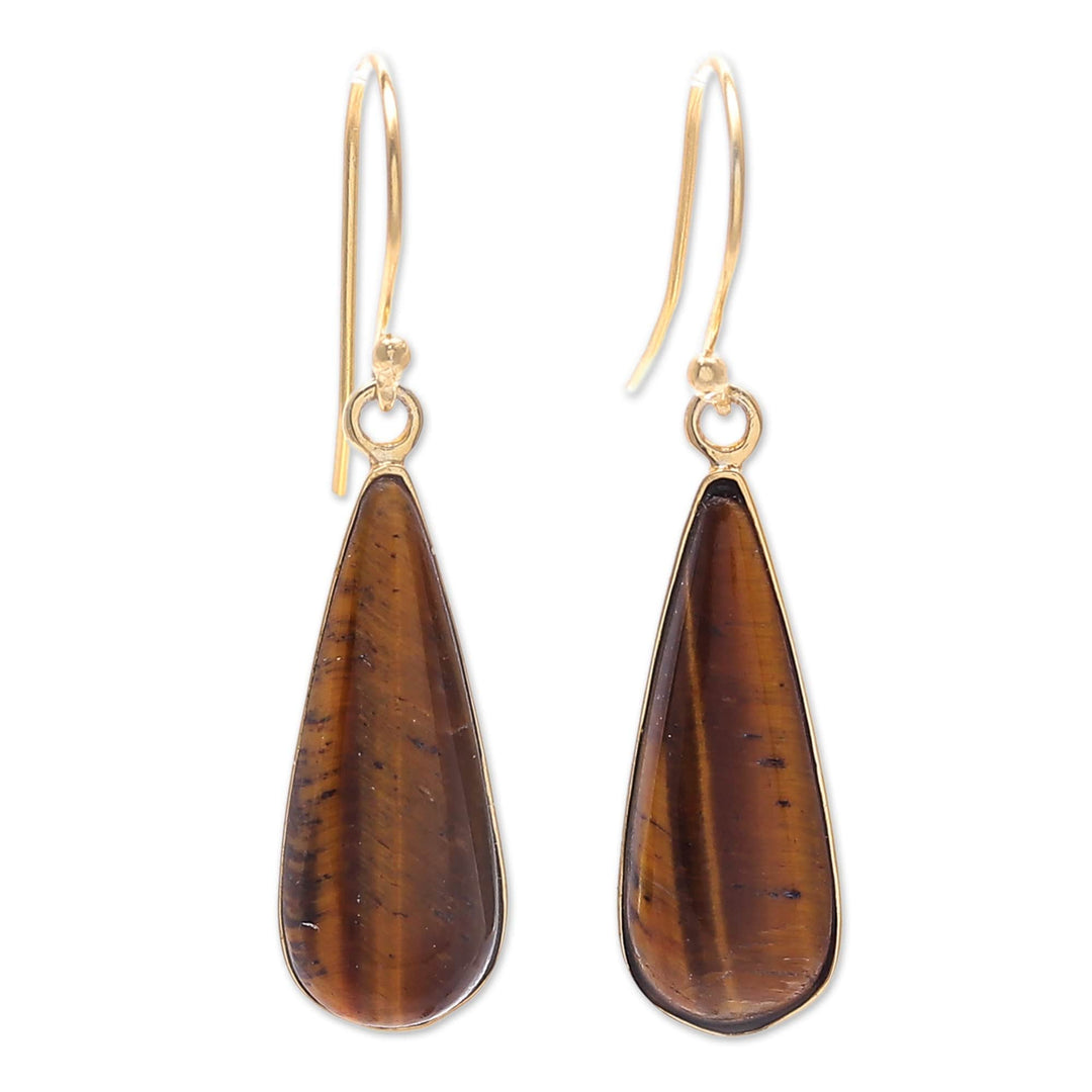 18k Gold-Plated Drop-Shaped Tiger's Eye Dangle Earrings - Fiery Dew