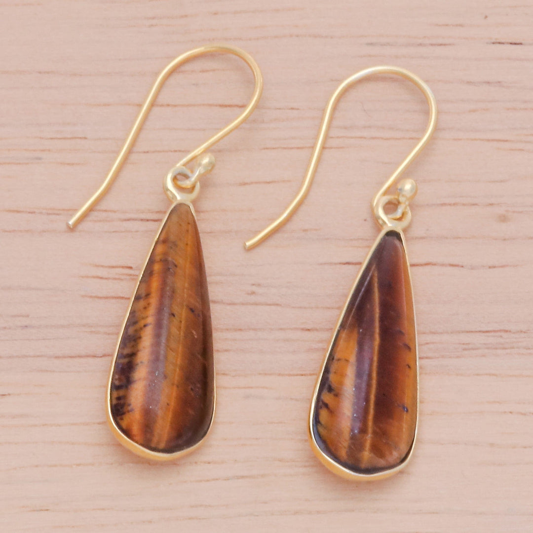 18k Gold-Plated Drop-Shaped Tiger's Eye Dangle Earrings - Fiery Dew