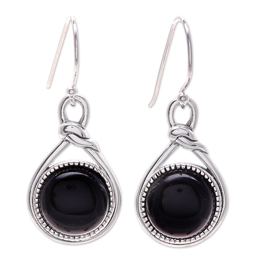 Knot Pattern Black Onyx Dangle Earrings from Thailand - Enigmatic Knot