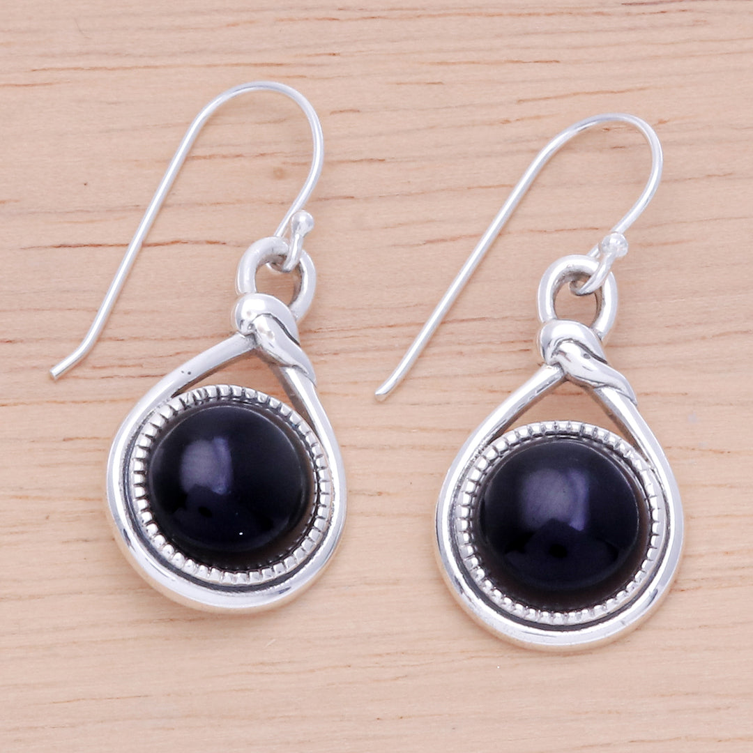 Knot Pattern Black Onyx Dangle Earrings from Thailand - Enigmatic Knot