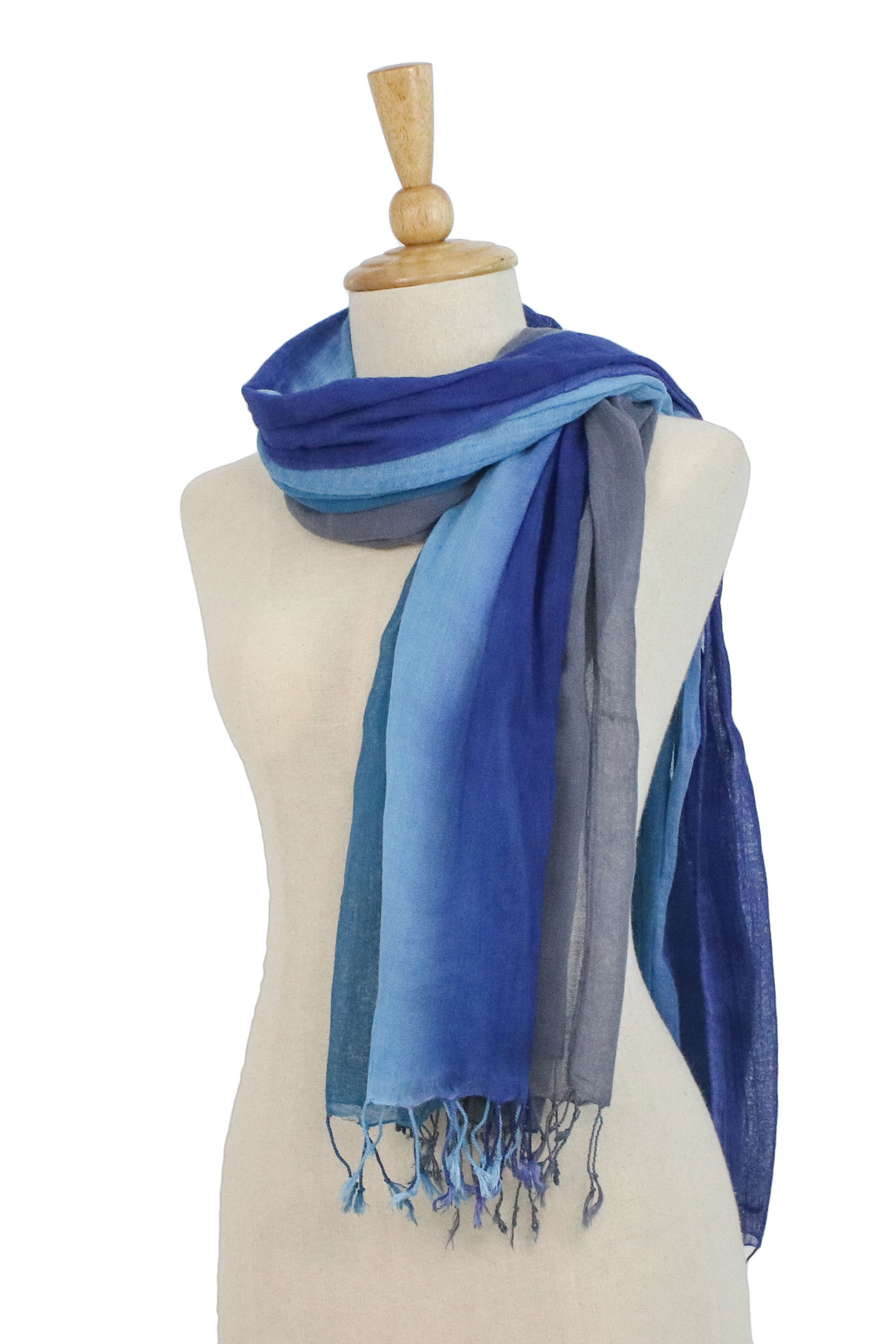 Two Hand Spun and Dyed Grey and Blue Batik Cotton Scarves - Colorful Breeze in Blue