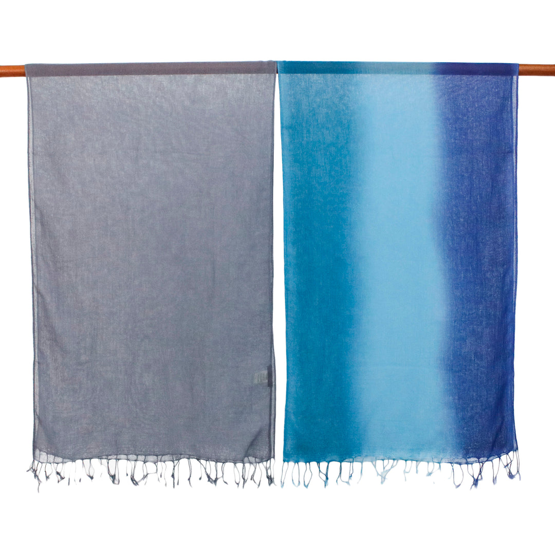 Two Hand Spun and Dyed Grey and Blue Batik Cotton Scarves - Colorful Breeze in Blue