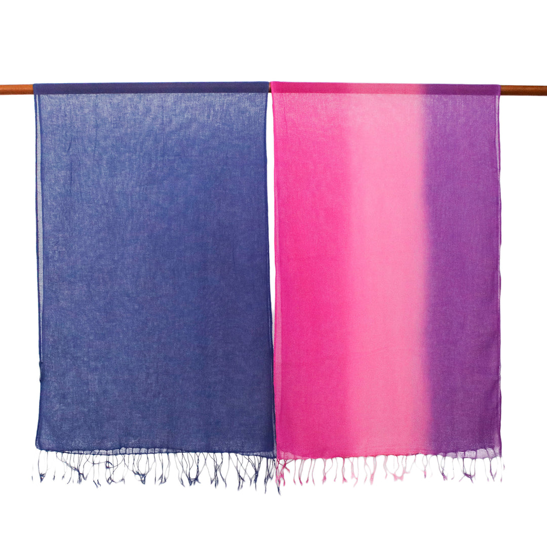 Two Hand Spun and Dyed Fuchsia Purple Batik Cotton Scarves - Colorful Breeze in Fuchsia