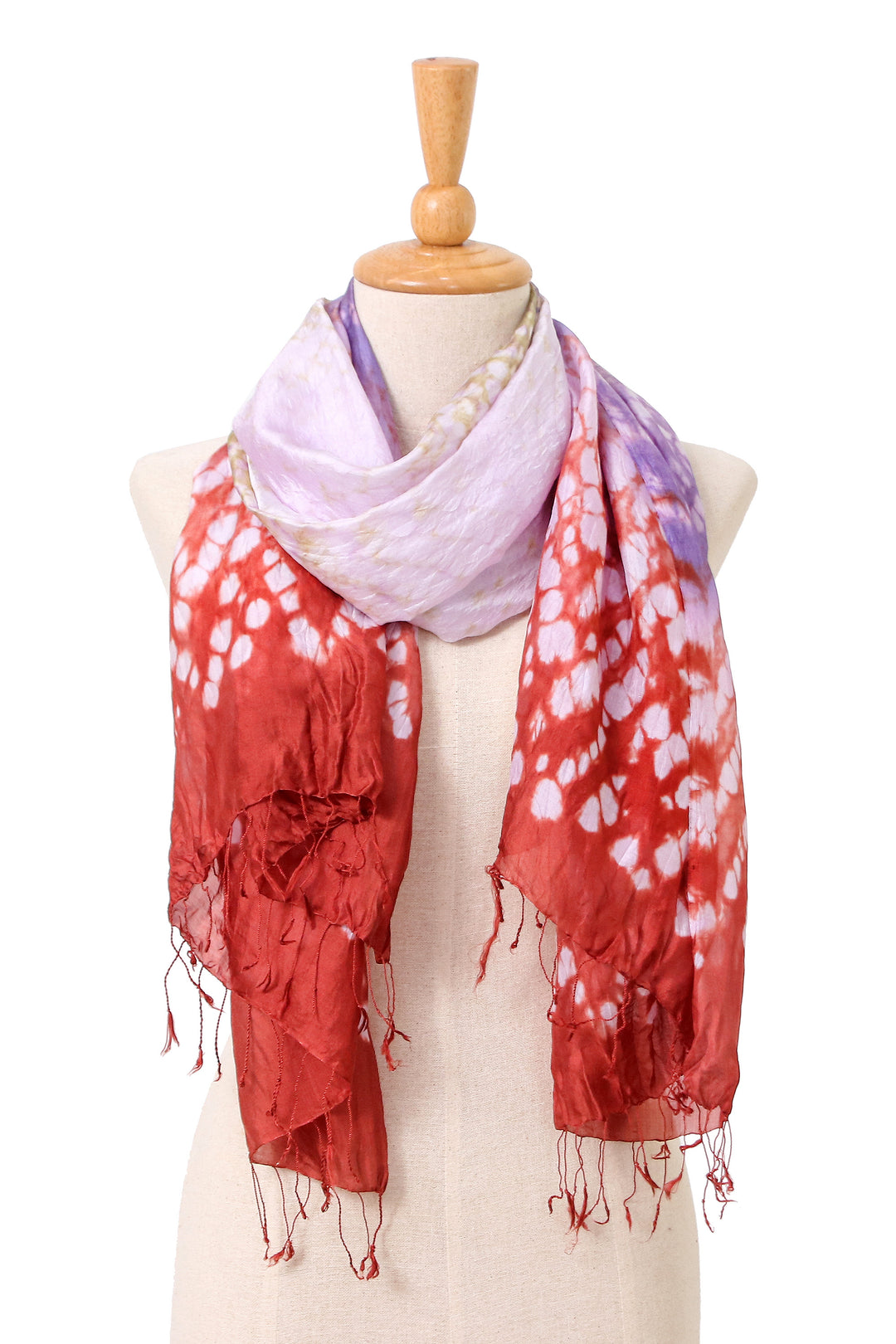 Tie-Dyed Red Purple Green Batik Rayon and Silk Blend Scarf - Vibrant Fusion