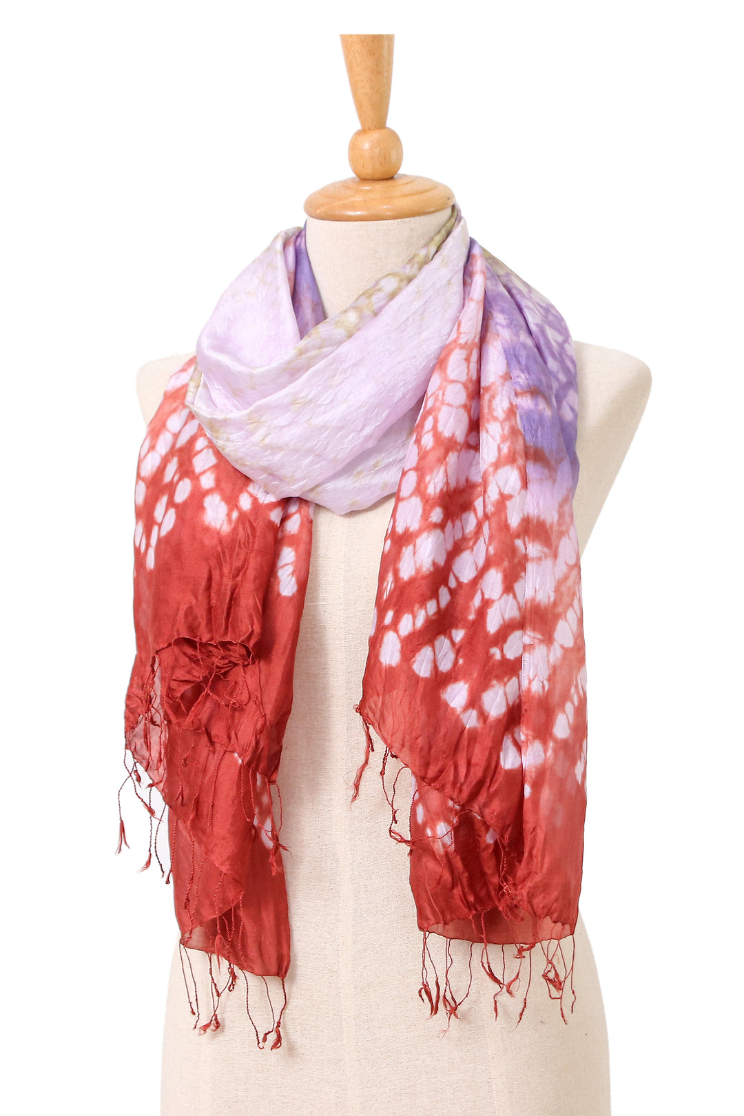 Tie-Dyed Red Purple Green Batik Rayon and Silk Blend Scarf - Vibrant Fusion