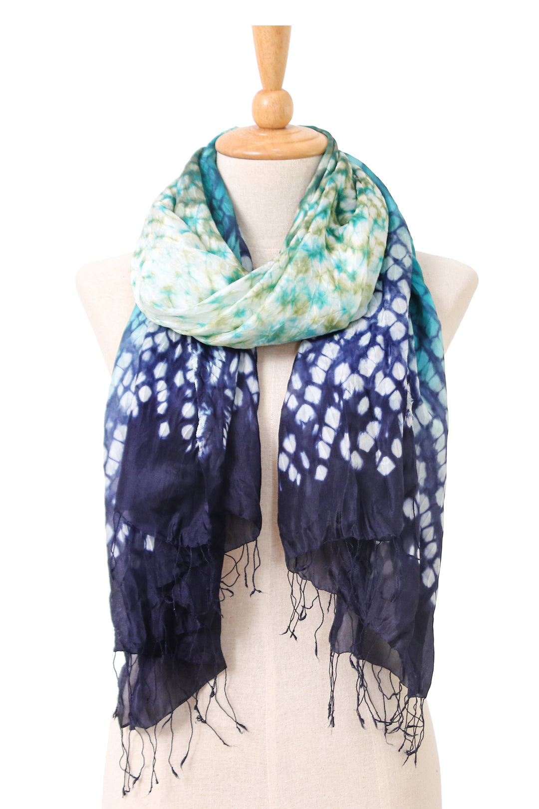Tie-Dyed Blue Green White Batik Rayon and Silk Blend Scarf - Stylish Fusion