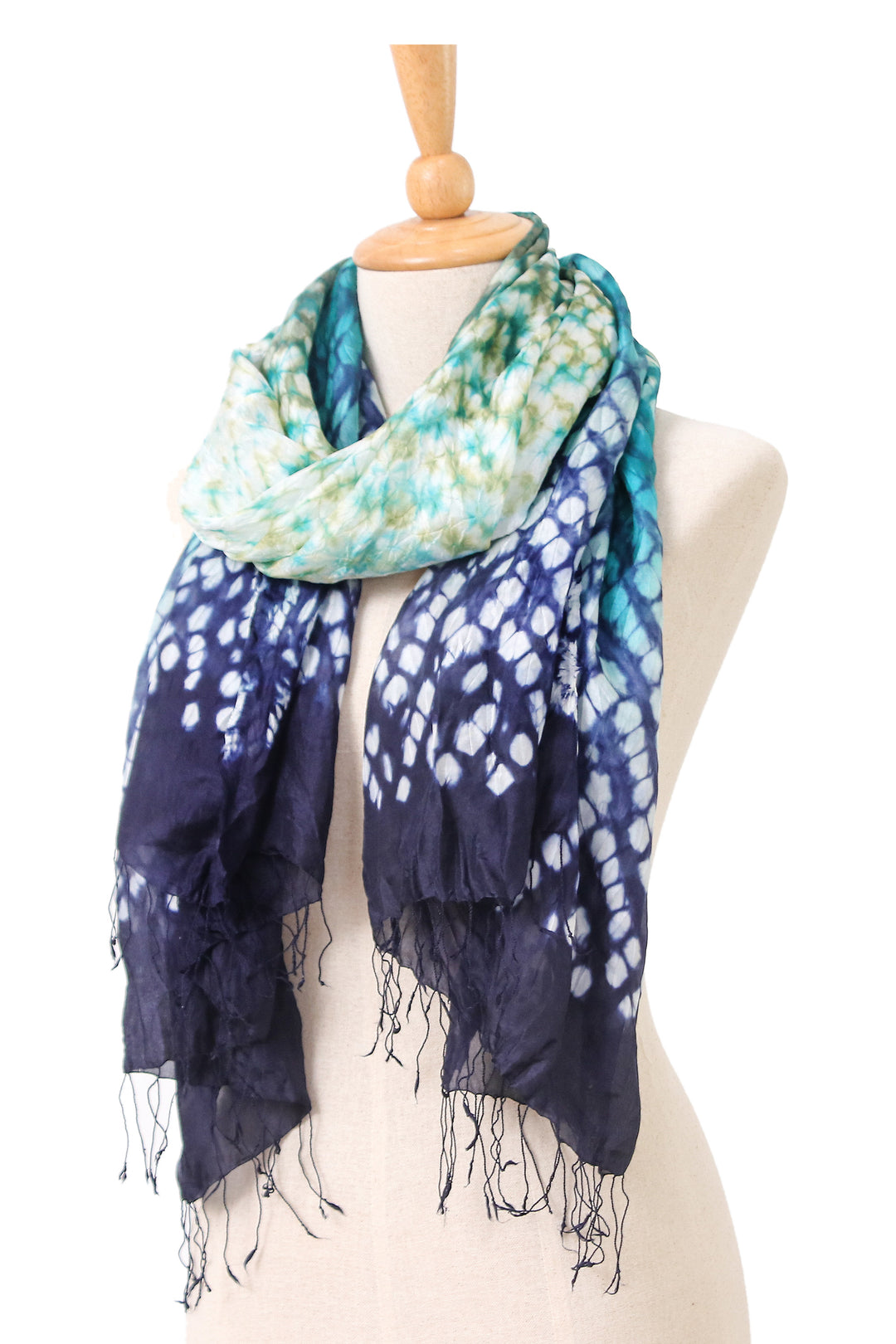 Tie-Dyed Blue Green White Batik Rayon and Silk Blend Scarf - Stylish Fusion