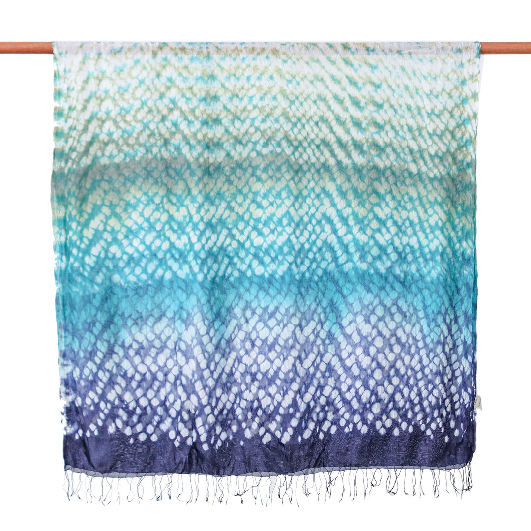 Tie-Dyed Blue Green White Batik Rayon and Silk Blend Scarf - Stylish Fusion