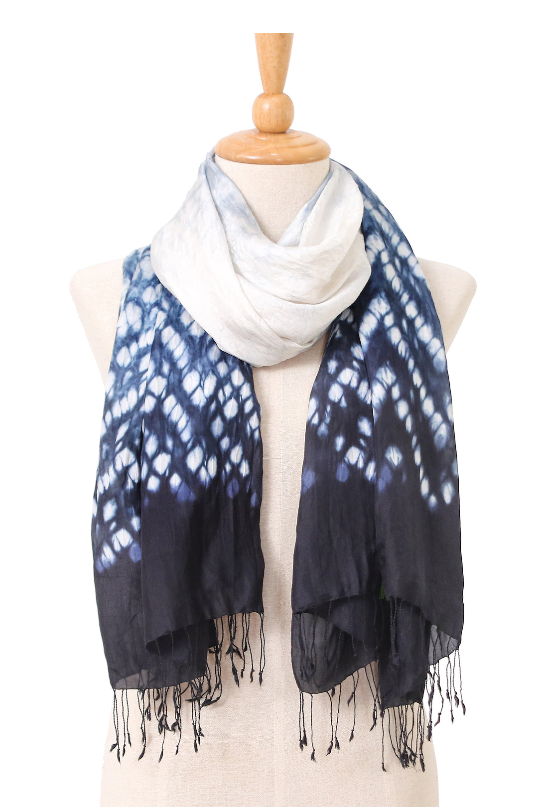Tie-Dyed White Grey Black Batik Rayon and Silk Blend Scarf - Exquisite Fusion