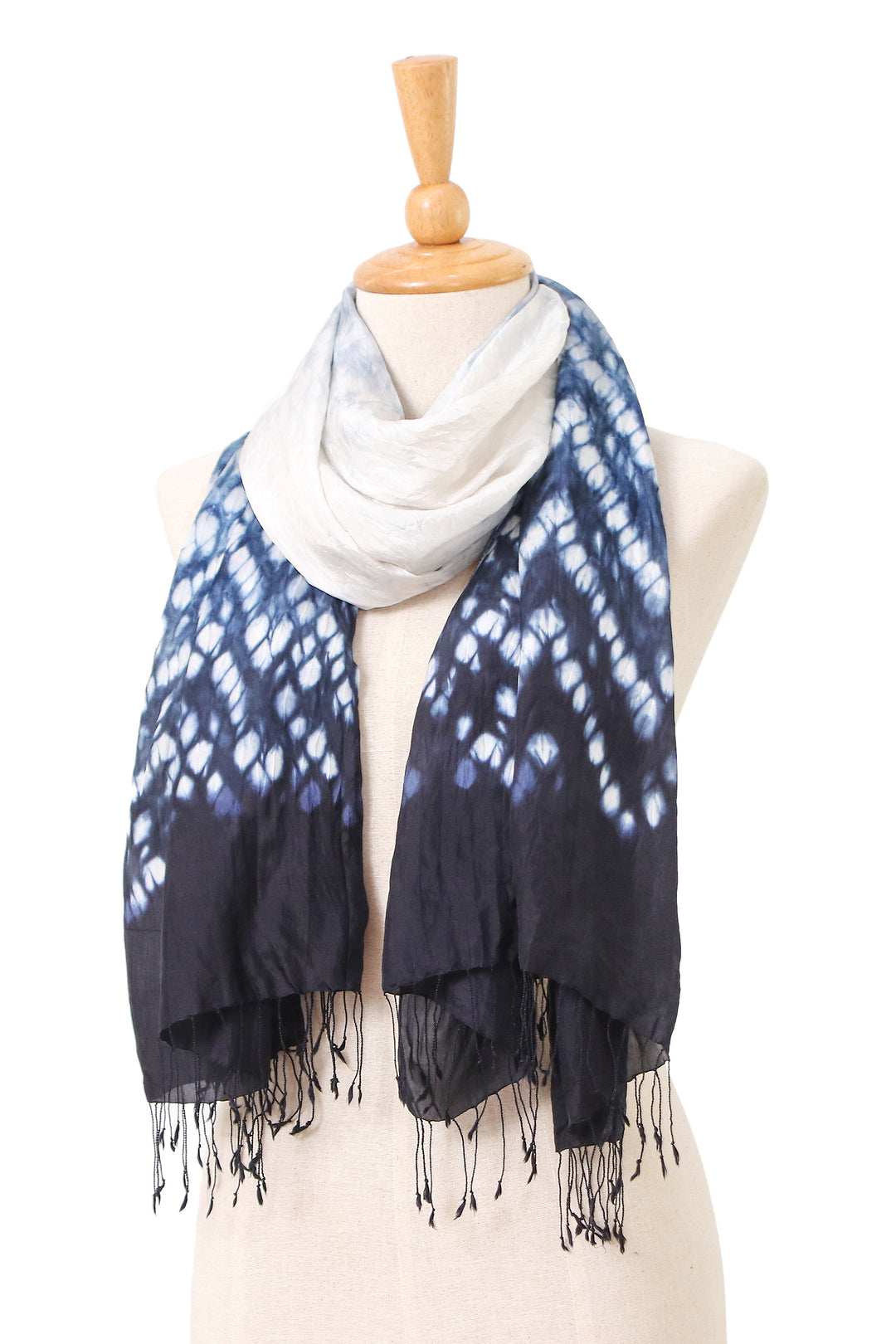Tie-Dyed White Grey Black Batik Rayon and Silk Blend Scarf - Exquisite Fusion