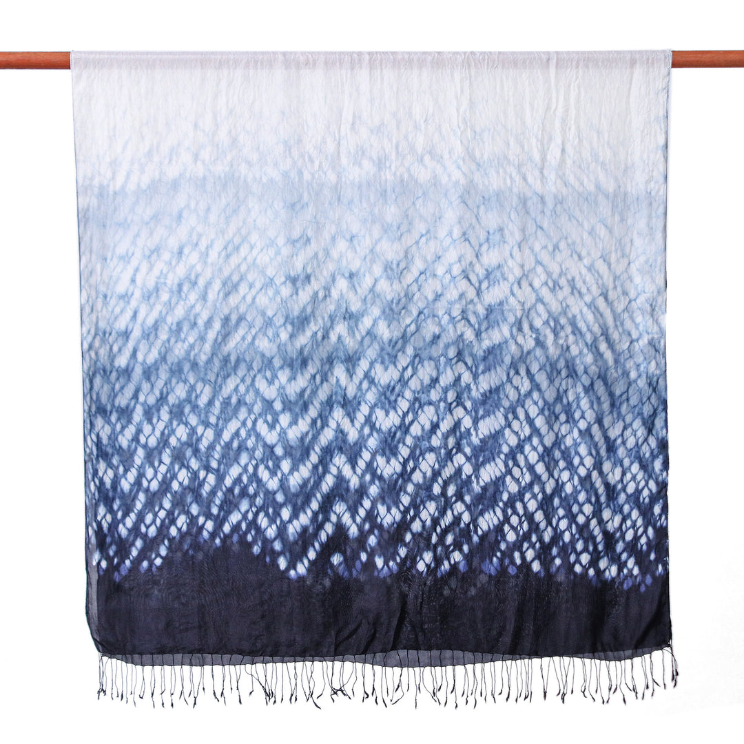 Tie-Dyed White Grey Black Batik Rayon and Silk Blend Scarf - Exquisite Fusion