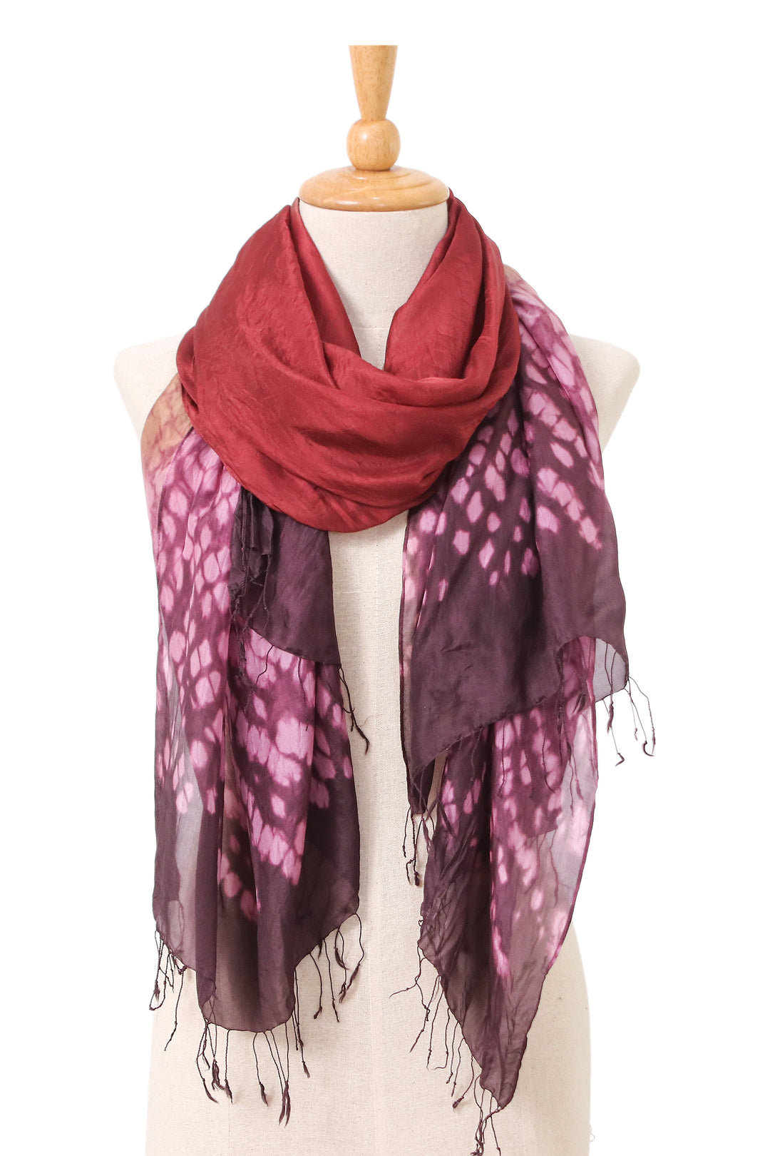 Tie-Dyed Burgundy Purple Batik Rayon and Silk Blend Scarf - Burgundy Fusion