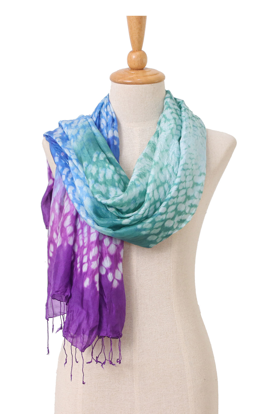 Tie-Dyed Purple Blue Green Batik Rayon and Silk Blend Scarf - Lavender Fusion