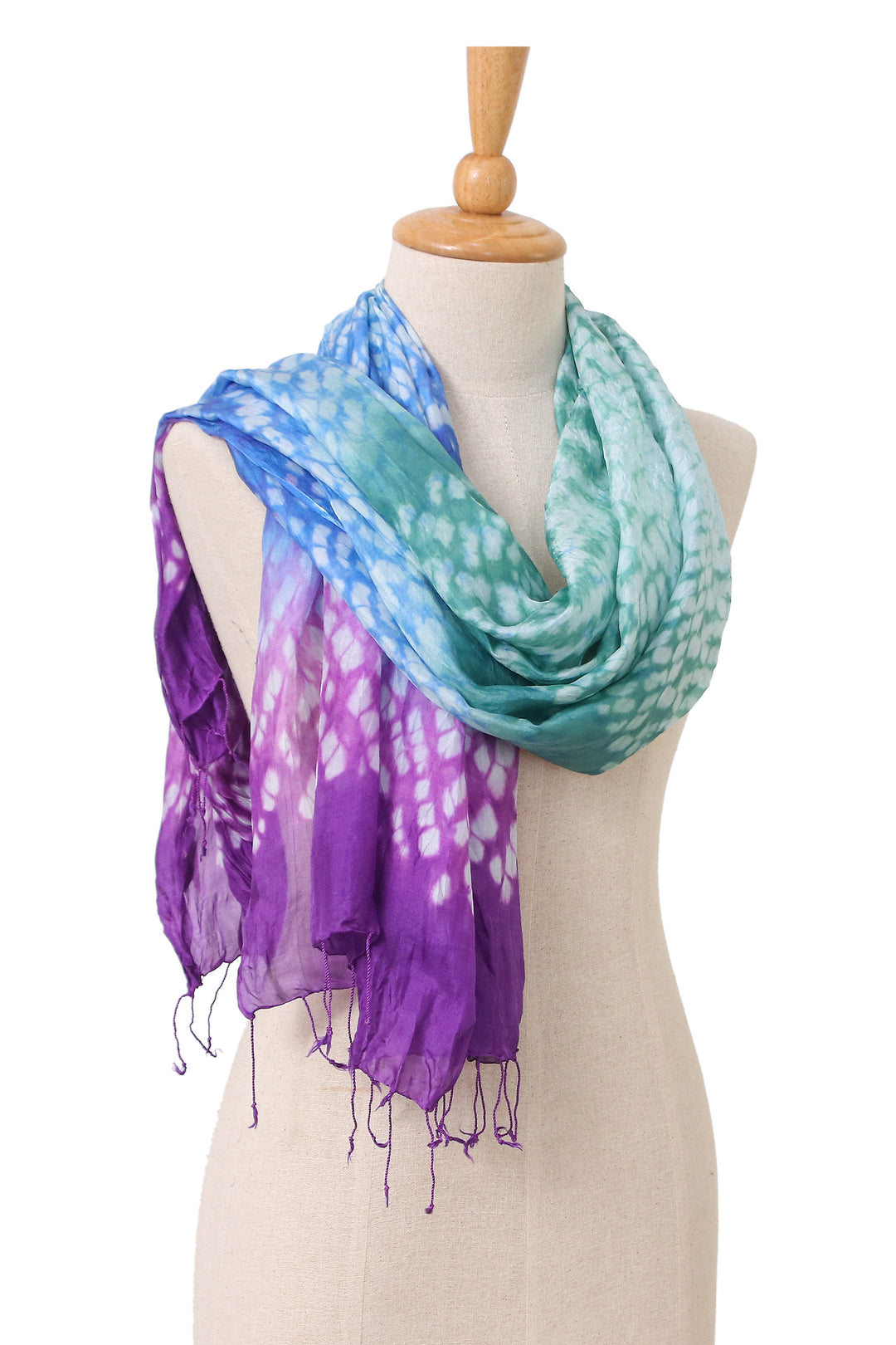 Tie-Dyed Purple Blue Green Batik Rayon and Silk Blend Scarf - Lavender Fusion