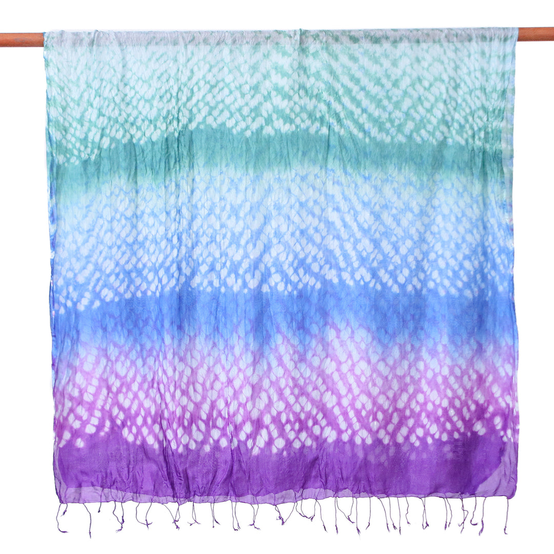 Tie-Dyed Purple Blue Green Batik Rayon and Silk Blend Scarf - Lavender Fusion