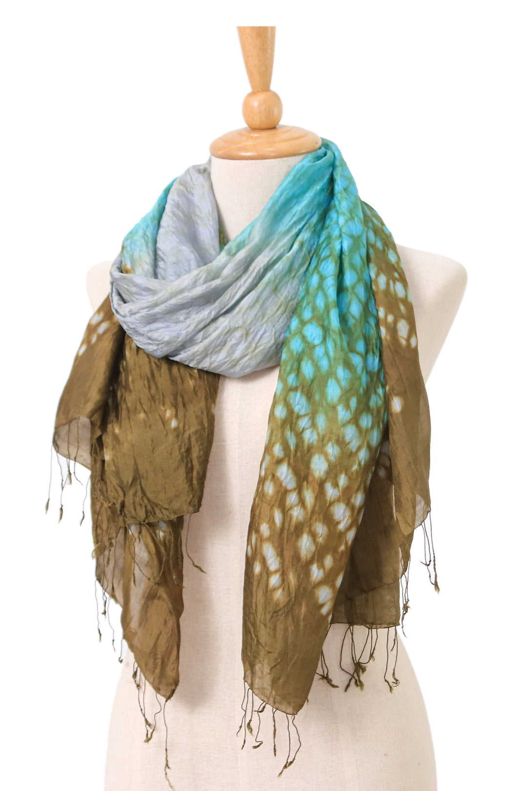 Tie-Dyed Green Blue Grey Batik Rayon and Silk Blend Scarf - Spring Fusion