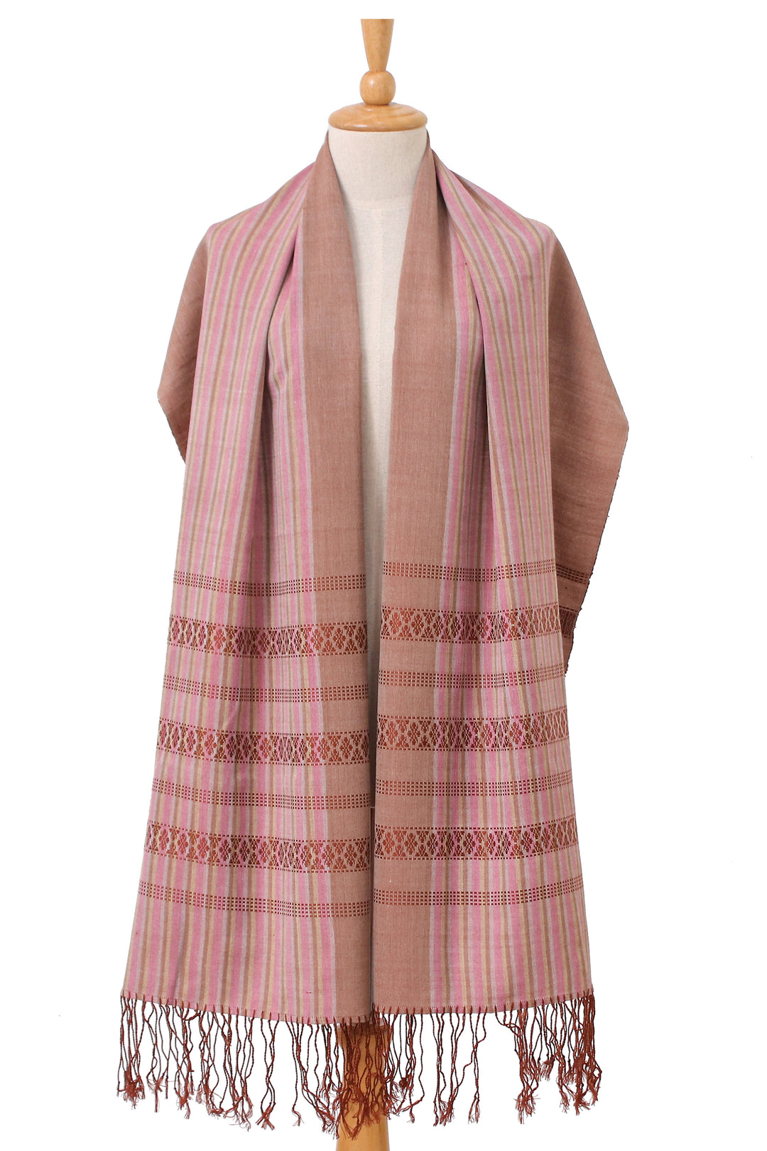 Striped Pink and Brown Cotton Yok Dok Shawl with Fringes - Desert Yok Dok