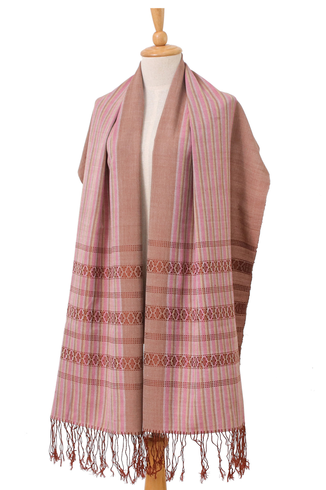 Striped Pink and Brown Cotton Yok Dok Shawl with Fringes - Desert Yok Dok