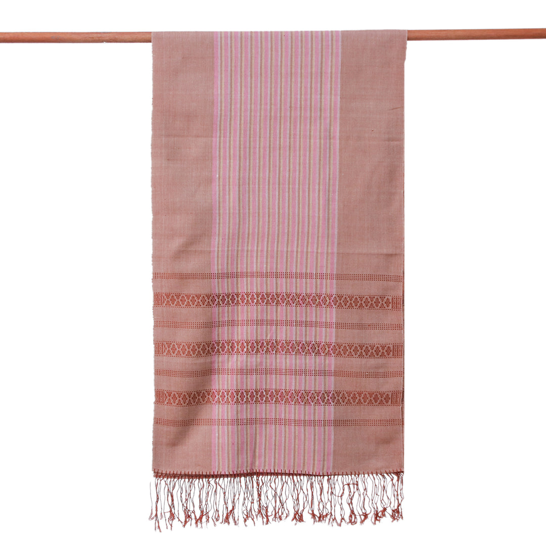 Striped Pink and Brown Cotton Yok Dok Shawl with Fringes - Desert Yok Dok