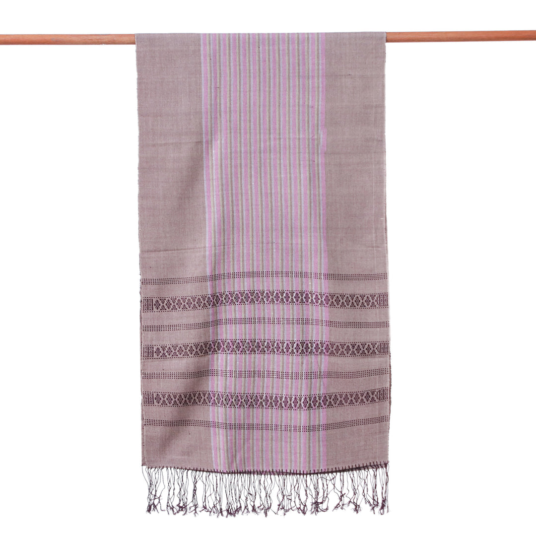Striped Violet and Purple Cotton Yok Dok Shawl with Fringes - Twilight Yok Dok