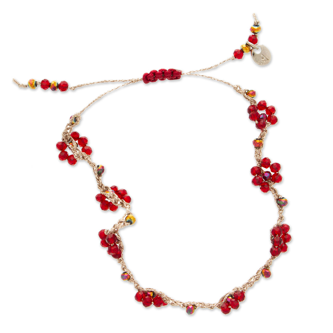 Floral Adjustable Scarlet Red Crystal Beaded Bracelet - Spring Caprice