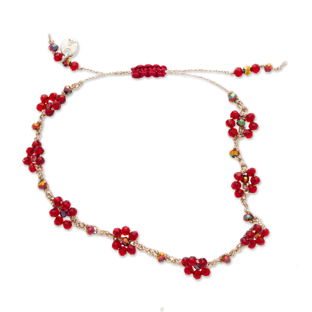 Floral Adjustable Scarlet Red Crystal Beaded Bracelet - Spring Caprice
