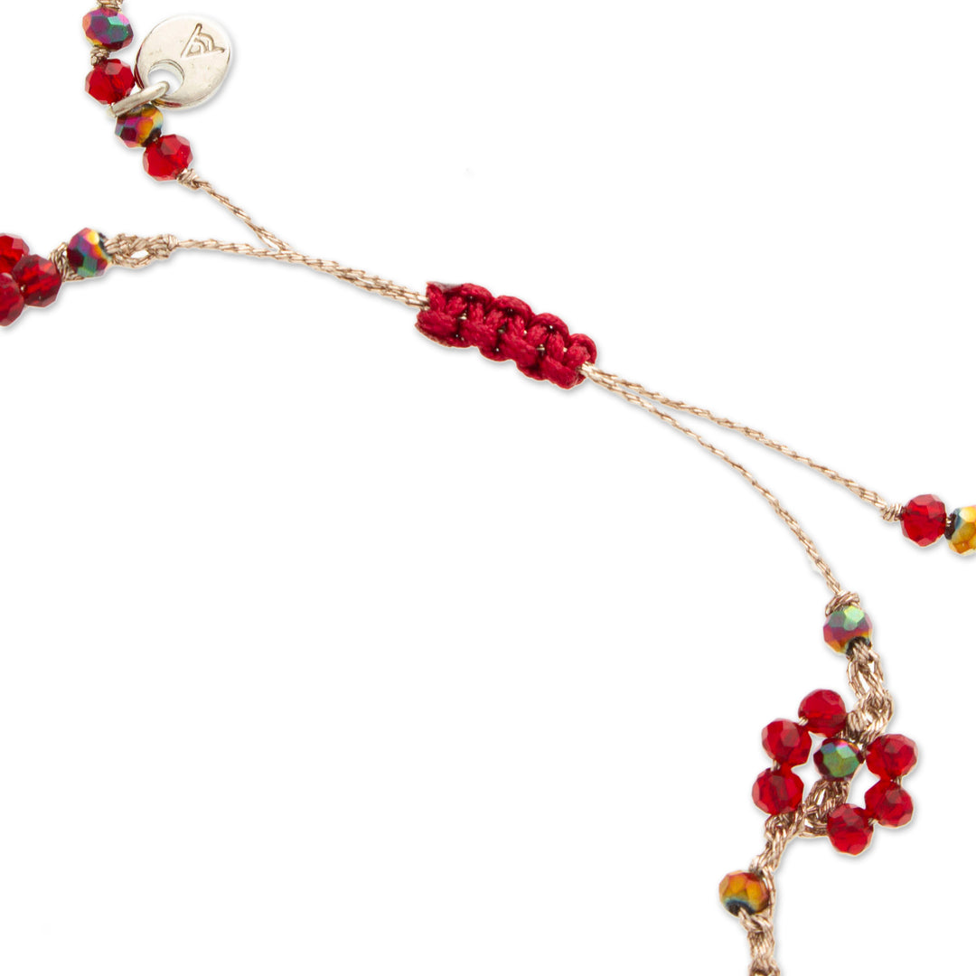 Floral Adjustable Scarlet Red Crystal Beaded Bracelet - Spring Caprice