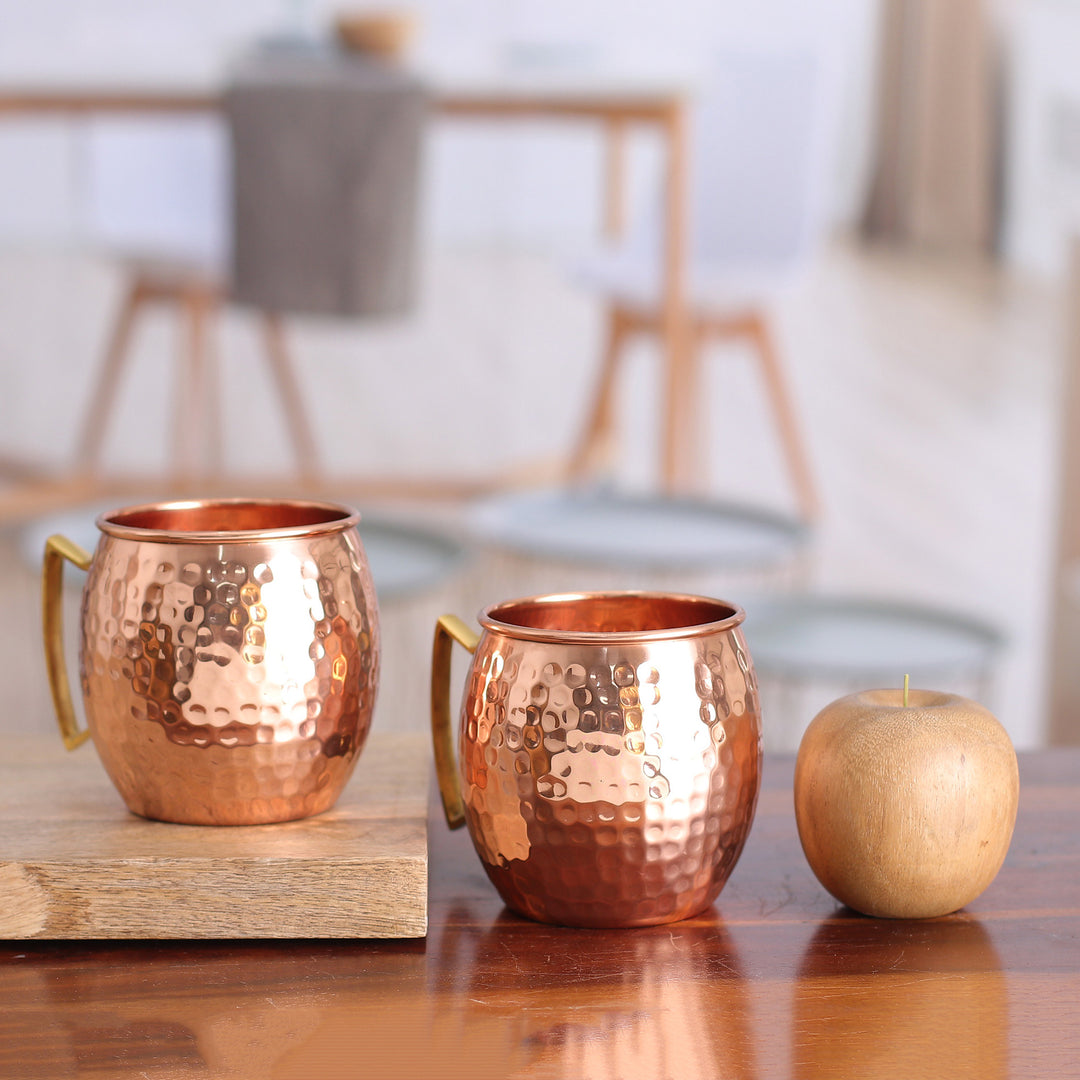 Pair of Handcrafted Copper and Brass Mugs from India - Tavern Style