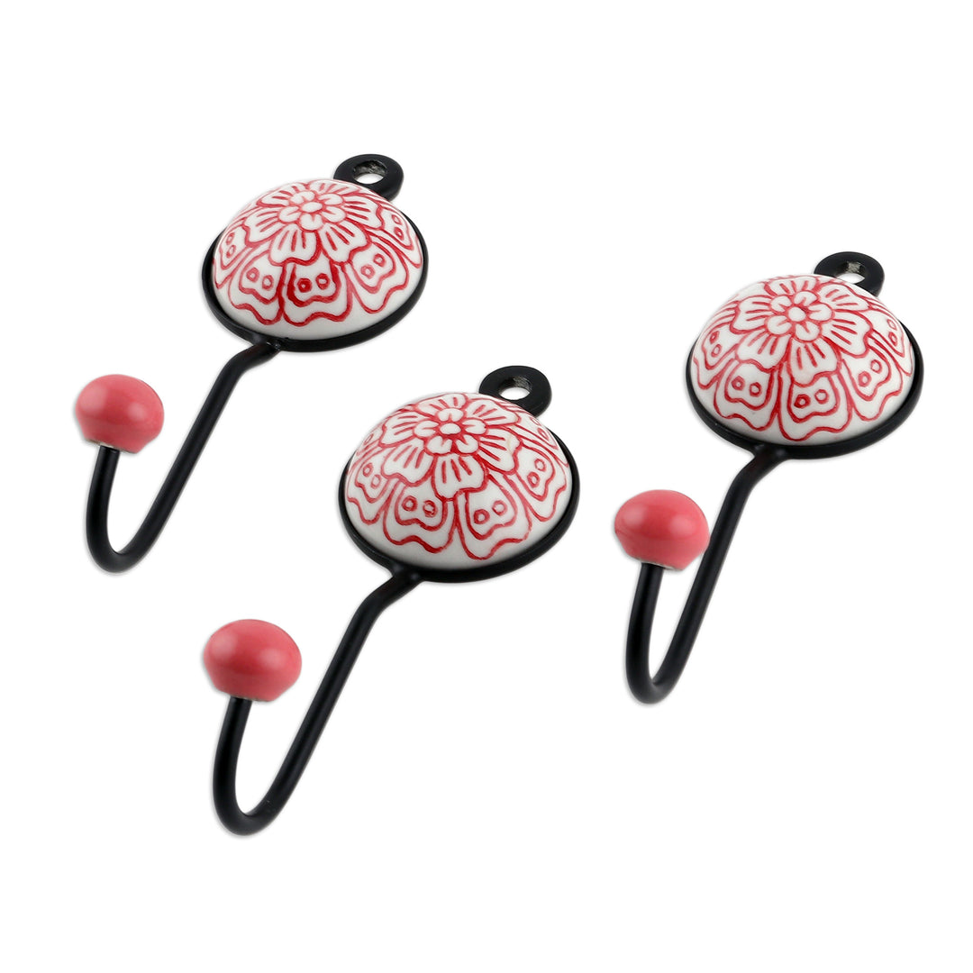 Set of Three Floral Red Ceramic and Brass Coat Hooks - Floral Muse in Red
