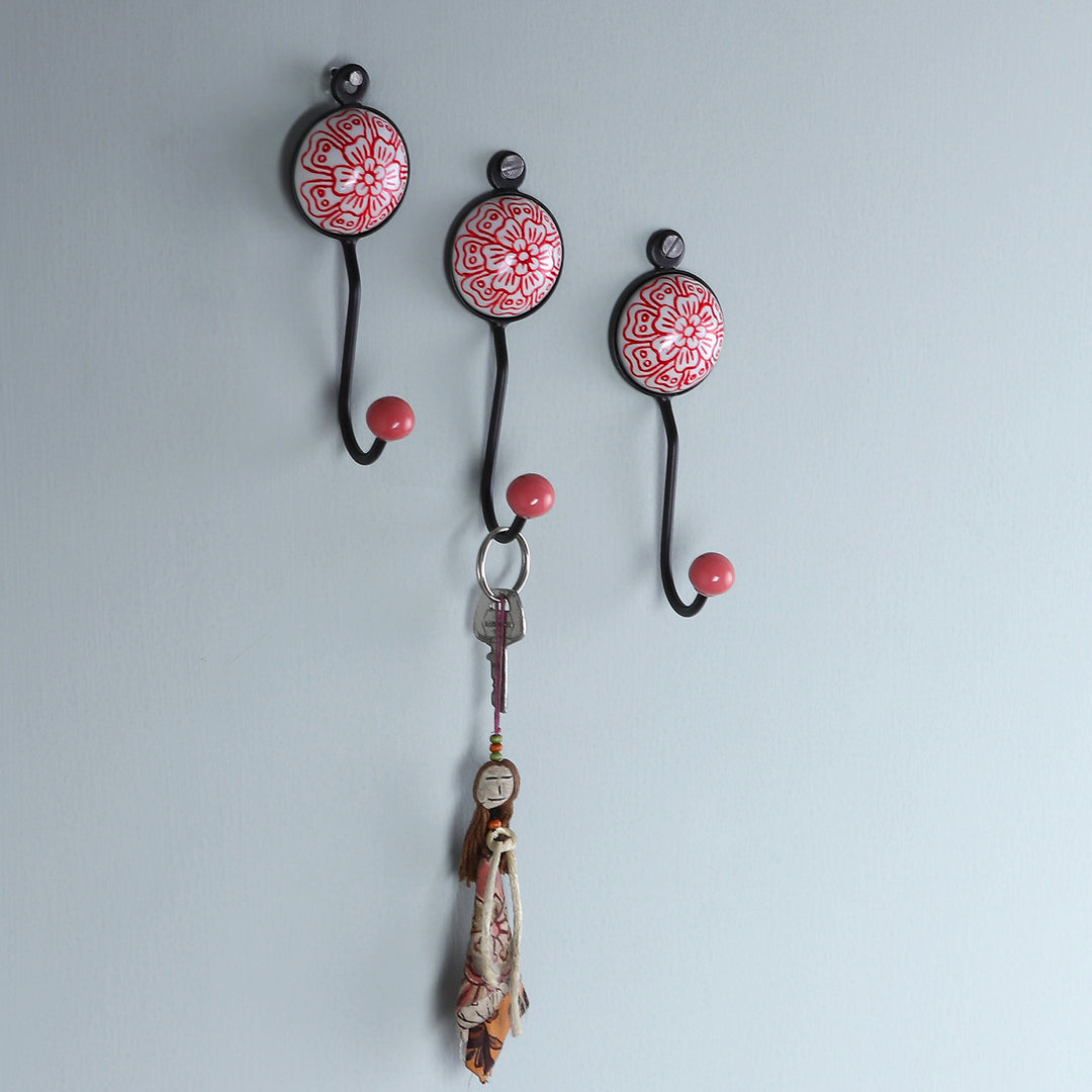 Set of Three Floral Red Ceramic and Brass Coat Hooks - Floral Muse in Red