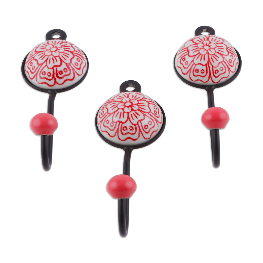 Set of Three Floral Red Ceramic and Brass Coat Hooks - Floral Muse in Red