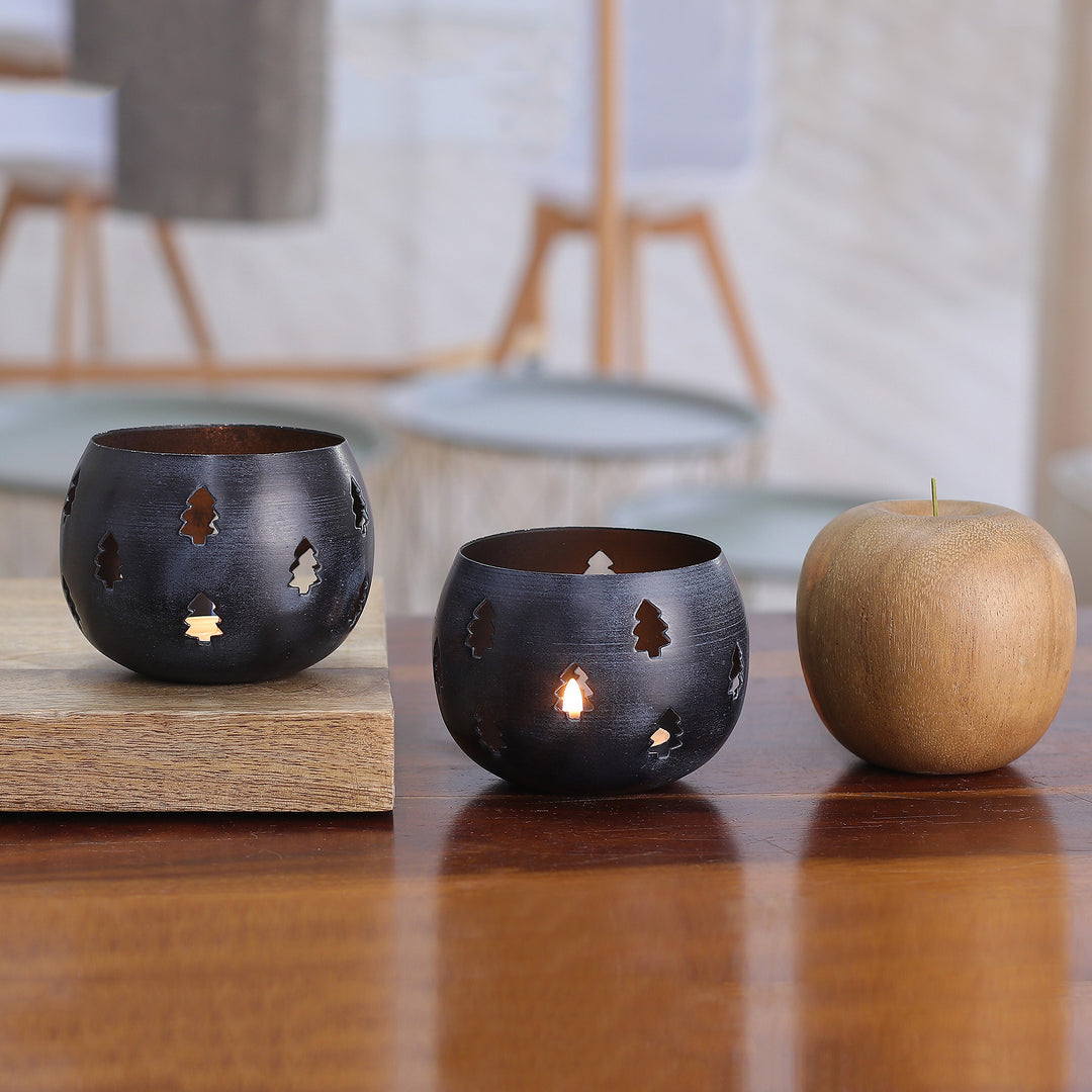 Steel Tealight Candle Holders in Midnight Hues (Pair) - Holiday Trees