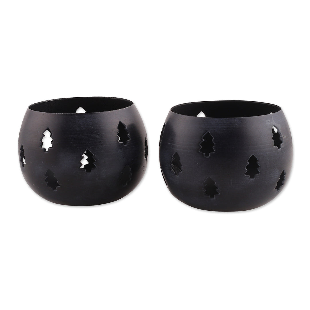 Steel Tealight Candle Holders in Midnight Hues (Pair) - Holiday Trees