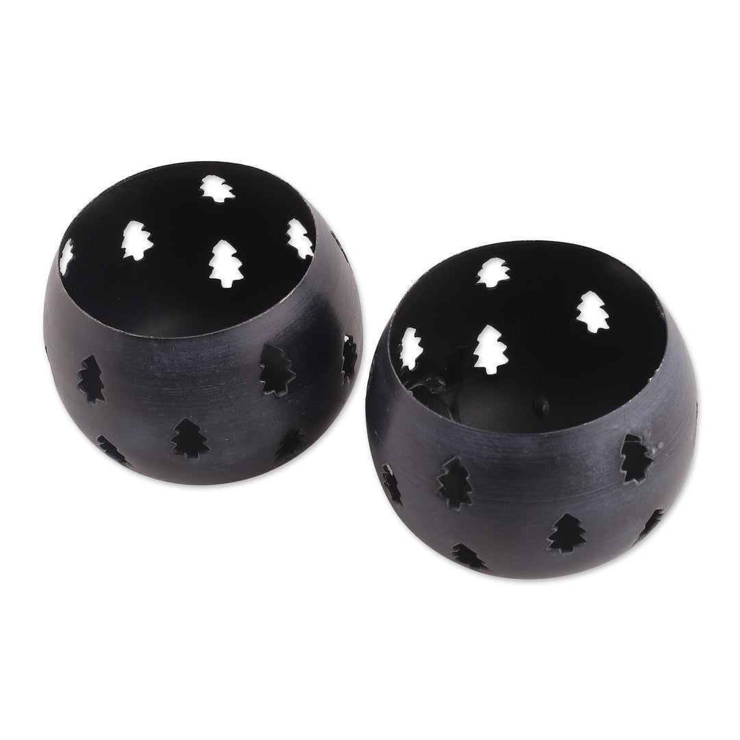 Steel Tealight Candle Holders in Midnight Hues (Pair) - Holiday Trees
